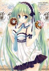 Rule 34 | 1girl, absurdres, aqua eyes, arm ribbon, bare shoulders, between breasts, breasts, cd, cleavage, detached collar, doughnut, dress, food, green eyes, green hair, hairband, hatsune miku, highres, image sample, licking lips, lolita hairband, long hair, looking at viewer, matching hair/eyes, medium breasts, necktie, ribbon, scan, short dress, smile, solo, tatekawa mako, themed object, tongue, tongue out, twintails, very long hair, vocaloid