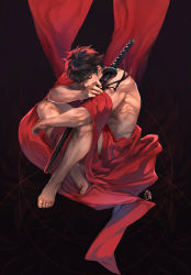 Rule 34 | 1boy, absurdres, artist name, barefoot, black hair, closed eyes, crossed ankles, elbow on knee, hand up, highres, holding, holding sword, holding weapon, katana, knees up, male focus, naked robe, nose, original, realistic, red robe, robe, sheath, sheathed, shiyuu (shiyu), short hair, signature, sitting, solo, sword, toned, toned male, weapon