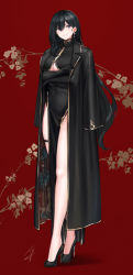 Rule 34 | 1girl, bare shoulders, black coat, black dress, black footwear, black gloves, black hair, blush, breasts, china dress, chinese clothes, closed mouth, clothing cutout, coat, crossed arms, dress, elbow gloves, full body, gloves, hair between eyes, hayabusa, high heels, highres, large breasts, long hair, long legs, looking at viewer, mole, mole on breast, mole under eye, mole under mouth, open clothes, open coat, original, pelvic curtain, purple eyes, red background, sideboob, smile, thigh strap, underboob, underboob cutout, very long hair