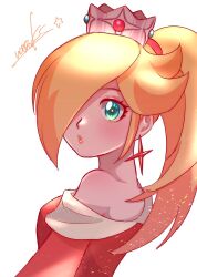 Rule 34 | 1girl, blonde hair, blue eyes, crown, dress, earrings, fire rosalina, hair over one eye, highres, jewelry, long hair, looking at viewer, mario (series), nintendo, nonoworks, off-shoulder dress, off shoulder, parted lips, ponytail, red dress, rosalina, signature, single earring, solo, star (symbol), star earrings, super mario 3d world, white background