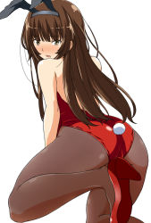 Rule 34 | 1girl, amagami, animal ears, ass, bare shoulders, black pantyhose, blush, brown hair, fake animal ears, from behind, hairband, high heels, kamizaki risa, leotard, long hair, looking back, open mouth, pantyhose, playboy bunny, rabbit ears, rabbit tail, shoes, shouji nigou, simple background, solo, tail, white background