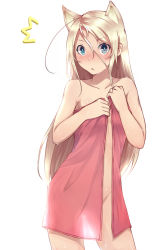 Rule 34 | 1girl, :&lt;, ^^^, animal ears, aqua eyes, blonde hair, blush, contrapposto, extra ears, horosuke, long hair, looking at viewer, naked towel, original, see-through silhouette, simple background, solo, standing, towel, wet, white background