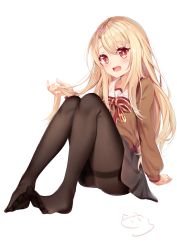 Rule 34 | 1girl, :d, ass, black skirt, blonde hair, blush, bow, brown pantyhose, brown shirt, collared shirt, fate/kaleid liner prisma illya, fate (series), feet, fingernails, full body, hair between eyes, hand up, head tilt, highres, holding, holding own hair, homurahara academy school uniform, illyasviel von einzbern, legs, long hair, looking at viewer, nahaki, no shoes, open mouth, panties, pantyhose, red bow, red eyes, school uniform, shirt, signature, simple background, sitting, skirt, smile, solo, striped, striped bow, thighband pantyhose, toes, underwear, very long hair, white background, white panties