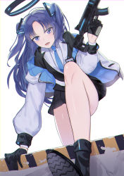 Rule 34 | 1girl, absurdres, black footwear, black gloves, black skirt, blue archive, blue necktie, boots, chromatic aberration, gloves, gun, gunnjou yosio, highres, holding, holding gun, holding weapon, long hair, long sleeves, looking at viewer, necktie, parted lips, pleated skirt, skirt, solo, thighs, weapon, yuuka (blue archive)