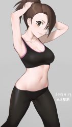 Rule 34 | 1girl, armpits, arms up, black bra, bra, breasts, brown hair, cleavage, closed mouth, dated, gluteal fold, grey background, highres, idolmaster, idolmaster cinderella girls, looking at viewer, medium breasts, midriff, mizuki seira, navel, onao, parted bangs, short ponytail, simple background, solo, sports bra, tying hair, underwear, yellow eyes