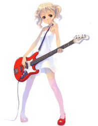 Rule 34 | 1girl, bass guitar, between breasts, blonde hair, breasts, dress, guitar, instrument, original, simple background, solo, strap between breasts, thighhighs, twintails, weno, weno&#039;s blonde original character, zettai ryouiki