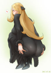 Rule 34 | 1girl, ass, blonde hair, blush, breasts, colored skin, creatures (company), cynthia (pokemon), dated, fur trim, game freak, gradient background, hair ornament, hair over one eye, heart, high heels, highres, ikuchan kaoru, large breasts, long hair, multicolored skin, nintendo, pantylines, pokemon, pokemon dppt, revision, skin tight, smile, solo, squatting