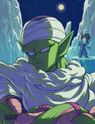 Rule 34 | 2boys, close-up, closed eyes, colored skin, crossed arms, dragon ball, dragonball z, full moon, green skin, highres, koukyouji, moon, multiple boys, night, outdoors, pants, piccolo, pointy ears, purple pants, purple shirt, red sash, sash, shirt, son gohan, turban, waving