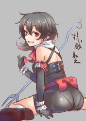 Rule 34 | 1girl, adapted costume, black hair, elbow gloves, from behind, gloves, grin, highres, houjuu nue, looking back, no wings, red eyes, short hair, simple background, sitting, skin tight, smile, solo, spirytus tarou, touhou, underwear, wariza