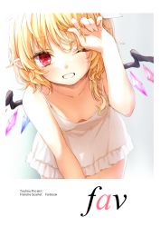 Rule 34 | 1girl, alternate costume, bad id, bad pixiv id, bare arms, bare shoulders, blonde hair, blurry, blurry background, breasts, character name, collarbone, commentary request, copyright name, cover, cowboy shot, crystal, dress, flandre scarlet, grey background, grin, hair between eyes, hair ribbon, hand up, honotai, leaning forward, long hair, looking at viewer, no headwear, one eye closed, pointy ears, red eyes, ribbon, short dress, short hair with long locks, side ponytail, small breasts, smile, solo, spaghetti strap, touhou, white dress, white ribbon, wings
