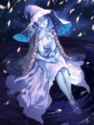Rule 34 | 1girl, barefoot, blue hair, blue skin, blue theme, bonnie tang, closed mouth, colored skin, dress, elden ring, extra arms, extra faces, hat, long dress, looking at viewer, own hands together, ranni the witch, sitting, soaking feet, solo, white dress, white hat, witch hat