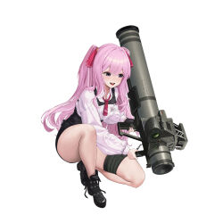 Rule 34 | 1girl, alternate costume, ass, belt, boots, dramz, goddess of victory: nikke, highres, leotard, leotard under clothes, long hair, necktie, official art, pink hair, purple eyes, rocket, rocket launcher, shirt, simple background, solo, thigh strap, weapon, whip, white shirt, xi xeong, yuni (nikke)
