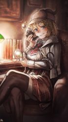 Rule 34 | 1girl, armchair, birdrawdream, black thighhighs, blonde hair, book, bubble, bubble pipe, capelet, chair, crossed legs, deerstalker, desk, desk lamp, detective, hair ornament, hat, highres, holding, holding magnifying glass, hololive, hololive english, lamp, magnifying glass, mustache print, necktie, plaid, plaid skirt, pocket watch, short hair, short necktie, sitting, skirt, smoking pipe, solo, stethoscope, thighhighs, virtual youtuber, watch, watson amelia