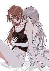 2girls black_tank_top blush cain_knightley closed_mouth daodaobiubiu genderswap genderswap_(mtf) grey_hair hair_over_one_eye head_on_another&#039;s_shoulder heterochromia hug hug_from_behind long_hair looking_at_another mahoutsukai_no_yakusoku multiple_girls nervous_sweating on_bed owen_(mahoutsukai_no_yakusoku) panties red_eyes red_hair sitting sweat tank_top thighs underwear white_panties yellow_eyes yuri