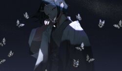 Rule 34 | 1girl, absurdres, animal, black eyes, black hair, bright pupils, bug, butterfly, butterfly on hand, closed mouth, cover, cover page, dappled moonlight, grey butterfly, grey kimono, hair behind ear, hand up, haori, haruno taku, head tilt, highres, horns, insect, jacket, japanese clothes, kimono, light particles, looking at viewer, moonlight, night, night sky, obi, official art, oni, oni horns, original, pointy ears, sash, short hair, sky, smile, star (sky), starry sky, up sleeve, upper body, white jacket, white pupils, wide sleeves