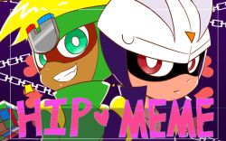 Rule 34 | 2boys, blonde hair, careful s, dark-skinned male, dark skin, gloves, green gloves, green headwear, green outfit, happy heroes, male focus, mask, multiple boys, popped collar, purple gloves, purple outfit, smart s, white headwear