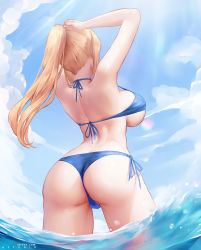 Rule 34 | 1girl, arms up, ass, aztodio, back, bikini, blue bikini, blue sky, breasts, cloud, commentary, english commentary, from behind, highres, large breasts, long hair, metroid, nintendo, ocean, partially submerged, patreon username, ponytail, cameltoe, samus aran, side-tie bikini bottom, sideboob, sky, solo, swimsuit, thighs