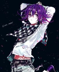 Rule 34 | 1boy, :&lt;, arm over head, arms up, artist name, belt, black background, black belt, buttons, checkered clothes, checkered neckwear, checkered scarf, commentary request, cowboy shot, danganronpa (series), danganronpa v3: killing harmony, double-breasted, ersi ji, grey jacket, hair between eyes, jacket, long sleeves, looking at viewer, male focus, midriff, oma kokichi, pants, purple eyes, purple hair, scarf, shirt, solo, white pants