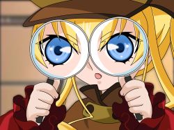 Rule 34 | 00s, 1girl, blonde hair, close-up, detective, eye focus, highres, magnifying glass, rozen maiden, shinku, shop, solo, third-party edit, vector trace