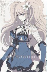 Rule 34 | 1girl, bandaged arm, bandages, blue eyes, breasts, cleavage, commentary, criis-chan, danganronpa: trigger happy havoc, danganronpa (series), english commentary, enoshima junko, flower, gloves, hair flower, hair ornament, lingerie, long hair, medium breasts, negligee, nier (series), smile, solo, twintails, underwear, white background