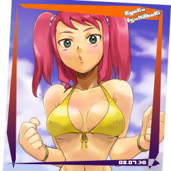 Rule 34 | 00s, 1girl, bikini, bikini top only, bracelet, breasts, covered erect nipples, day, green eyes, jewelry, medium breasts, my-otome, my-otome s.ifr, pink hair, short twintails, solo, swimsuit, twintails, yellow bikini