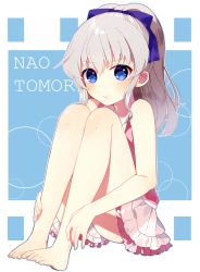 Rule 34 | 10s, 1girl, bad id, bad pixiv id, barefoot, blue eyes, casual, character name, charlotte (anime), frilled skirt, frills, highres, long hair, mafuyu (chibi21), ponytail, silver hair, simple background, sitting, skirt, solo, tomori nao, upskirt