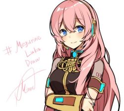 Rule 34 | 1girl, amulet, arm warmers, armband, asagao minoru, black shirt, blouse, blue eyes, blue nails, character name, commentary, crossed arms, gold trim, hair between eyes, hashtag, headphones, light smile, long hair, looking at viewer, lowres, megurine luka, nail polish, number tattoo, pink hair, see-through, shirt, short sleeves, shoulder tattoo, signature, solo, tattoo, upper body, very long hair, vocaloid, white background