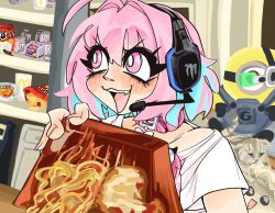 Rule 34 | 1girl, ahoge, blue hair, blush, cat, collar, commentary, despicable me, doritos, english commentary, food, garfield, garfield (character), hair between eyes, hair intakes, headphones, headset, highres, holding, idolmaster, idolmaster cinderella girls, indoors, kecchi0, looking afar, mcdonald&#039;s, medium bangs, minion (despicable me), monster energy, multicolored hair, open mouth, pasta, photo-referenced, pink collar, pink eyes, pink hair, scouter, shirt, short hair, short sleeves, smile, solo, spaghetti, spill, t-shirt, two-tone hair, tyler1, upper body, v-shaped eyebrows, white shirt, yumemi riamu