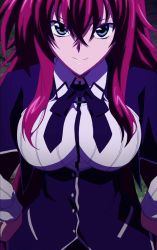 Rule 34 | 10s, blue eyes, breasts, hands on own hips, high school dxd, highres, large breasts, long hair, looking at viewer, red hair, rias gremory, school uniform, screencap, smile, smug, stitched, third-party edit