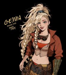Rule 34 | 1girl, belt buckle, black background, blonde hair, blue eyes, braid, breasts, brown pants, buckle, character name, cleavage, commentary, cowboy shot, crop top, cropped jacket, english commentary, english text, freckles, gemma (monster hunter wilds), goggles, goggles around neck, high ponytail, highres, jacket, lapels, leather belt, lips, long hair, looking at viewer, manda schank, medium breasts, midriff, monster hunter (series), monster hunter wilds, navel, notched lapels, open clothes, open jacket, panties, pants, parted lips, pouch, red jacket, red panties, single bracer, solo, undercut, underwear, vest