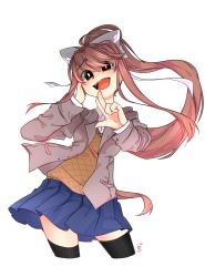 Rule 34 | 1girl, bad id, bad twitter id, black thighhighs, blazer, blue skirt, bow, bright pupils, brown hair, brown jacket, cowboy shot, doki doki literature club, hair bow, hair ribbon, hand on own cheek, hand on own face, highres, jacket, monika (doki doki literature club), open mouth, ponytail, ribbon, shaded face, skirt, standing, thighhighs, transparent background, white bow, white ribbon