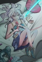 Rule 34 | 1girl, bare legs, bed, blue footwear, corded phone, full body, hair between eyes, heart, heart-shaped pillow, high heels, highres, knees up, letter, long hair, lying, on back, original, phone, photo (object), pillow, rasukusekai, shoes, solo, white hair