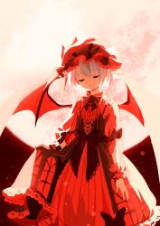 Rule 34 | 1girl, alternate costume, backlighting, bat wings, dress, closed eyes, harrymiao, hat, highres, mob cap, moon, puffy sleeves, remilia scarlet, ribbon, short hair, short sleeves, skirt hold, solo, touhou, wings, wrist cuffs