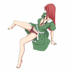 Rule 34 | 1girl, arm support, bare legs, barefoot, bow, bow panties, breasts, cleavage, female focus, full body, hong meiling, long hair, looking away, medium breasts, meile, open clothes, open shirt, panties, red hair, red panties, shirt, simple background, sitting, solo, spread legs, touhou, underwear, white background