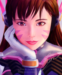 Rule 34 | 1girl, artist name, bodysuit, close-up, d.va (overwatch), eyebrows, eyelashes, facepaint, facial mark, gloves, head rest, headphones, high collar, light smile, lips, long hair, looking at viewer, luffie, nose, overwatch, overwatch 1, pilot suit, portrait, ribbed bodysuit, shoulder pads, signature, solo, staring, swept bangs, watermark, web address, whisker markings, white gloves