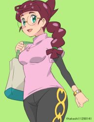 Rule 34 | 1girl, :d, bag, blush, braid, braided ponytail, breasts, brown hair, commentary request, creatures (company), eyelashes, from below, game freak, glasses, green background, green bag, green eyes, hand up, highres, holding strap, jewelry, long hair, necklace, nintendo, open mouth, pants, pokemon, pokemon (anime), pokemon journeys, shinohara takashi, shirt, short sleeves, simple background, smile, solo, sweater, talia (pokemon), tongue, watch, wristwatch