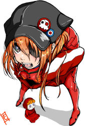 Rule 34 | 1girl, artist request, black hat, blue eyes, bodysuit, breasts, brown hair, candy, cowboy shot, doll, evangelion: 3.0 you can (not) redo, expressionless, eyepatch, food, full body, hands in pockets, hat, highres, jacket, long hair, looking at viewer, neon genesis evangelion, open mouth, plugsuit, rebuild of evangelion, red bodysuit, shiny clothes, simple background, solo, souryuu asuka langley, standing, straight hair, swept bangs, very long hair, white background