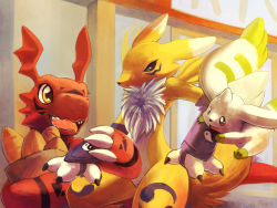 Rule 34 | 00s, :d, aonik, black eyes, black sclera, blue eyes, bread, claws, colored sclera, creature, digimon, digimon (creature), digimon tamers, food, furry, guilmon, highres, horns, monster, no humans, open mouth, renamon, sharp teeth, single horn, smile, sweatdrop, tail, teeth, terriermon, yellow eyes, yin yang