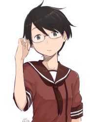 Rule 34 | 10s, 1girl, adjusting eyewear, androgynous, black hair, blush, dated, glasses, green eyes, grey eyes, highres, kantai collection, kawashina (momen silicon), light frown, looking at viewer, mogami (kancolle), neckerchief, red neckerchief, school uniform, serafuku, short hair, short sleeves, signature, simple background, solo, upper body, white background