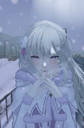 1girl blush car city elf emilia_(re:zero) flower hair_between_eyes hair_flower hair_ornament interlocked_fingers jewelry long_sleeves looking_at_viewer mercaxy motor_vehicle pointy_ears purple_eyes re:zero_kara_hajimeru_isekai_seikatsu road snow snowing street white_hair winter winter_clothes