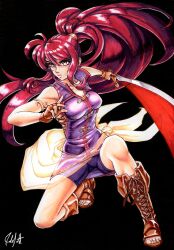 Rule 34 | 1990s (style), 1girl, armlet, big hair, black background, boots, breasts, brown footwear, brown gloves, collarbone, collared dress, cross-laced footwear, dress, fingerless gloves, fire emblem, fire emblem: the sacred stones, gloves, hair between eyes, hair tie, highres, holding, holding sword, holding weapon, long hair, low-tied long hair, marisa (fire emblem), medium breasts, nintendo, one side up, purple dress, red eyes, red hair, retro artstyle, signature, sirknightbot, sleeveless, sleeveless dress, solo, squatting, sword, weapon