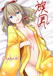Rule 34 | 1girl, ayatsuri-doll, bed, blue eyes, breasts, brown hair, character name, commentary request, cowboy shot, drill hair, hair between eyes, hair ornament, hair ribbon, hatakaze (kancolle), japanese clothes, kantai collection, kimono, light brown hair, long hair, looking at viewer, lying, navel, no bra, no nose, no panties, one-hour drawing challenge, open clothes, ponytail, red ribbon, ribbon, small breasts, solo, twitter username, yellow kimono