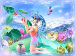 Rule 34 | 1girl, antennae, barefoot, blue hair, bug, butterfly, caterpillar, choker, fairy, flower, green eyes, green flower, harvest, insect, jpeg artifacts, kneeling, long hair, nature, pointy ears, r&#039;l, skirt, twintails, wings