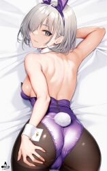 Rule 34 | 1girl, ahoge, animal ears, ass, ass grab, backless leotard, backless outfit, bare arms, bare shoulders, black pantyhose, blush, breasts, closed mouth, detached collar, fake animal ears, fake tail, from behind, grabbing own ass, grey eyes, grey hair, hair behind ear, hair ornament, hair over one eye, hairband, highres, infinote, large breasts, leotard, lips, looking at viewer, looking back, one eye covered, original, pantyhose, playboy bunny, purple hairband, purple leotard, rabbit ears, rabbit tail, sashou mihiro, shiny clothes, shiny skin, short hair, smile, solo, tail, wrist cuffs