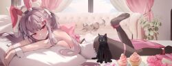 Rule 34 | 1girl, :o, ahoge, animal, animal ears, arm strap, bare shoulders, barefoot, black cat, black pantyhose, blush, bow, breasts, cat, couch, cupcake, curtains, day, eyes visible through hair, fake animal ears, fake tail, flower, food, foot out of frame, grey cat, hair bow, hair intakes, hair ornament, hair ribbon, highres, indoors, leg up, leotard, letter hair ornament, long hair, looking at viewer, lying, mole, mole under eye, on stomach, original, outstretched arms, pantyhose, parted lips, pillow, pink bow, pink eyes, pink flower, pink hair, pink rose, plant, playboy bunny, potted plant, rabbit ears, rabbit tail, revision, ribbon, rose, soles, solo, tail, white leotard, white ribbon, white tail, window, wrist cuffs, zerocat