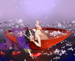 Rule 34 | 1girl, ass, black hair, bob cut, cherry blossoms, cup, fate/grand order, fate (series), food, fruit, horns, in container, japanese clothes, kimono, natsuko (summer 525528), oni, oversized object, pale skin, partially submerged, persimmon, petals, petals on liquid, purple eyes, sakazuki, short hair, shuten douji (fate), solo
