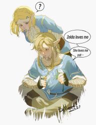 Rule 34 | 1boy, 1girl, behind another, blonde hair, blue eyes, blue shirt, blue tunic, boots, braid, brown pants, champion&#039;s tunic (zelda), crown braid, dated, earrings, english text, fingerless gloves, flower, gloves, green eyes, grey pants, hair ornament, hairclip, highres, holding, holding flower, indian style, jewelry, knee boots, leaning forward, link, looking down, merianaka, nintendo, pants, parted bangs, plucking petals, pointy ears, princess zelda, shirt, signature, simple background, sitting, speech bubble, the legend of zelda, the legend of zelda: tears of the kingdom