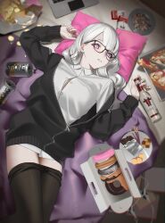 Rule 34 | 1girl, absurdres, alcohol, black jacket, bottle, cigarette pack, clothes pull, food, glasses, highres, holding, holding bottle, jacket, looking at viewer, lying, on back, open clothes, open jacket, original, pantyhose, pantyhose pull, partially unbuttoned, purple eyes, rasa k, shirt, thighs, white hair, white shirt