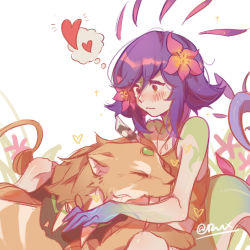 Rule 34 | 2girls, alternate form, artist name, bare arms, bare shoulders, blue hair, blush, brown camisole, camisole, colored skin, commentary request, cougar (animal), fangs, feather hair ornament, feathers, flower, gem, green skin, hair between eyes, hair flower, hair ornament, heart, highres, hug, jewelry, league of legends, lizard tail, looking away, medium hair, multicolored hair, multicolored skin, multiple girls, necklace, neeko (league of legends), nidalee, purple hair, ruan chen yue, sabertooth cat, tail, thought bubble, vastaya, yuri