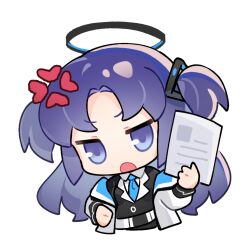 Rule 34 | 1girl, anger vein, black jacket, blue archive, blue eyes, blue hair, blue necktie, chibi, chinese commentary, commentary request, cropped torso, hair ornament, halo, holding, holding paper, jacket, long hair, long sleeves, necktie, niko (nikooo2016), open mouth, paper, shirt, solo, transparent background, two side up, upper body, white jacket, white shirt, yuuka (blue archive)